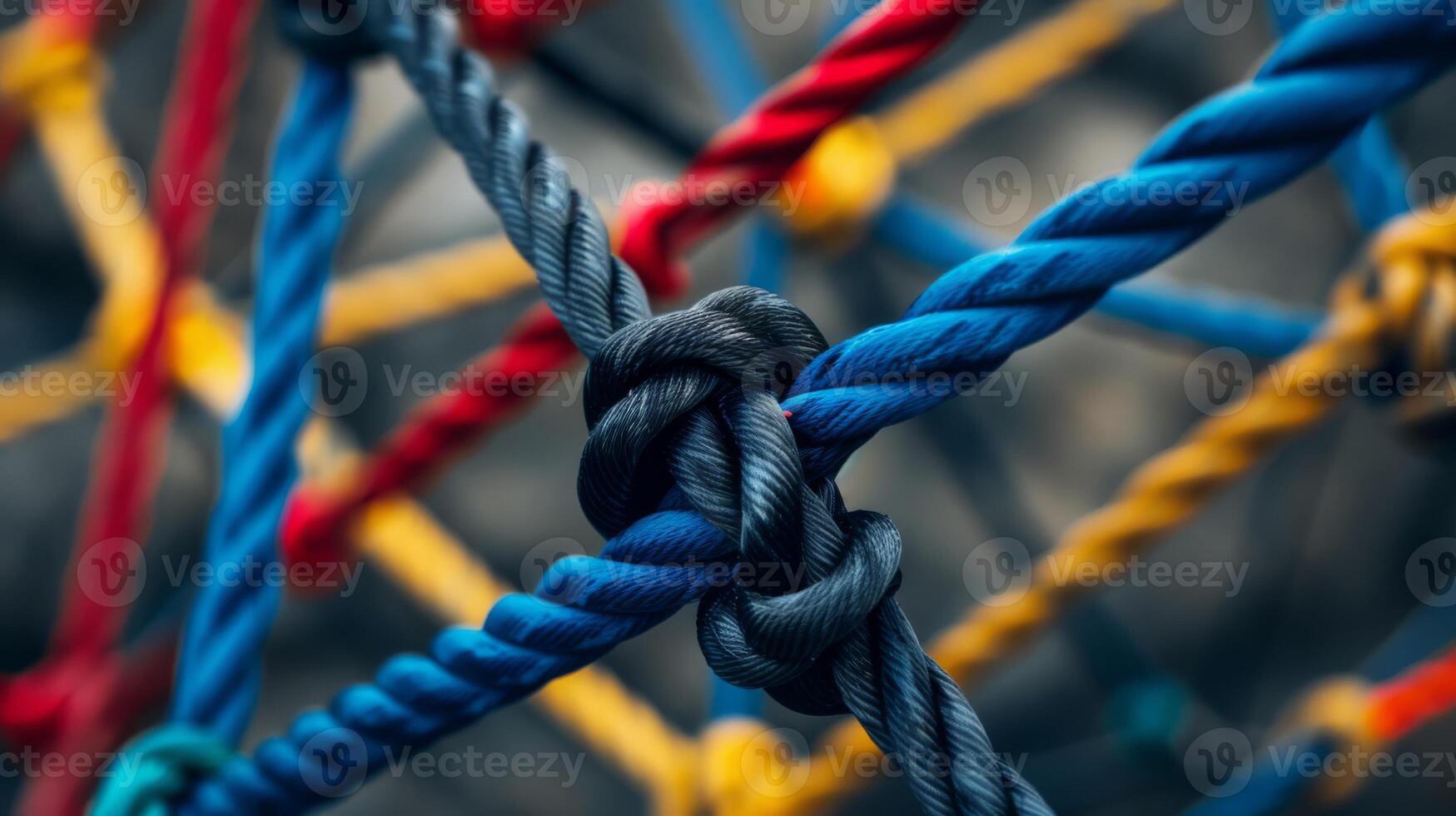A lively, detailed image features colorful rope knots forming a geometric grid pattern photo