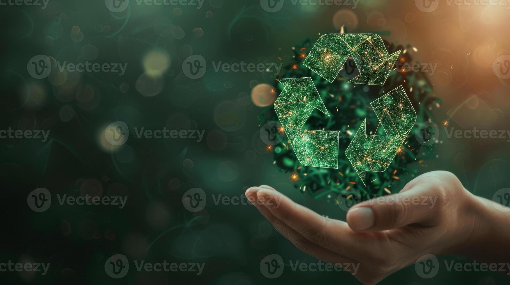 Hand with Green Recycle Symbol representing ecology, sustainability, and innovation photo