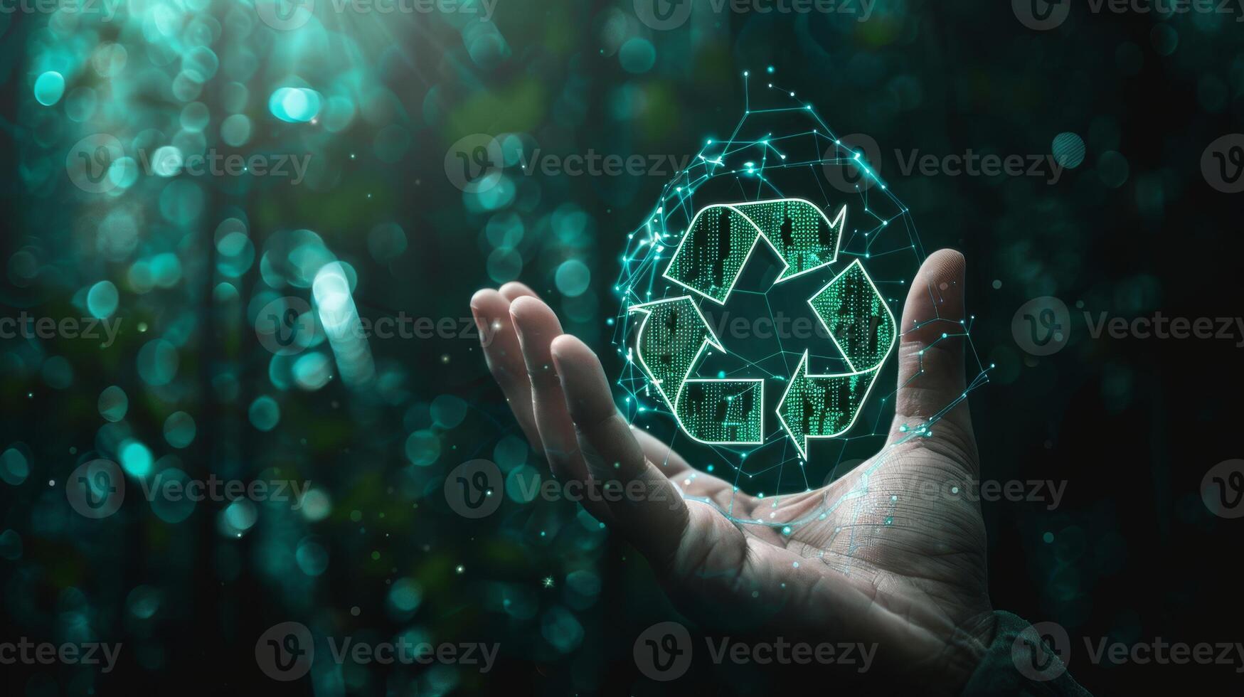 Hand with Green Recycle Symbol representing ecology, sustainability, and innovation photo
