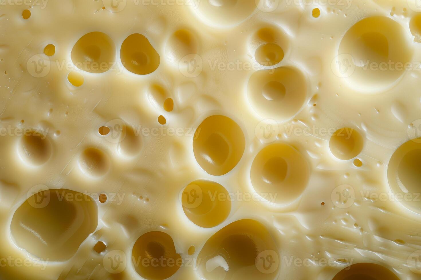 Detailed closeup view showcasing the texture of Swiss cheese with characteristic holes photo
