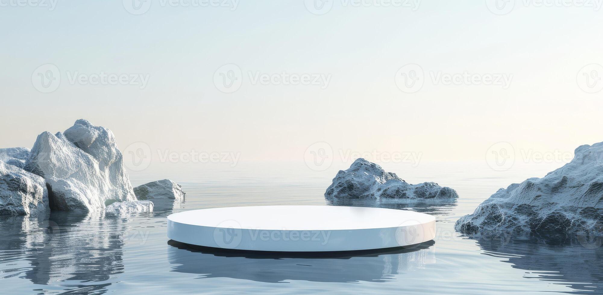 Minimalistic Blue Background with a White Marble Podium on Water surrounded by Rocks photo