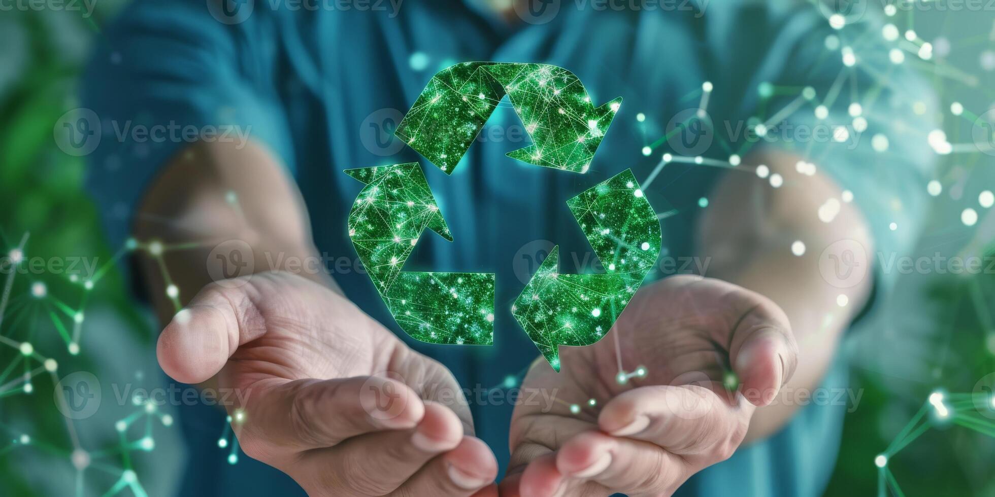 Illustration portraying the concept of environmental sustainability with recycling icon and hands photo