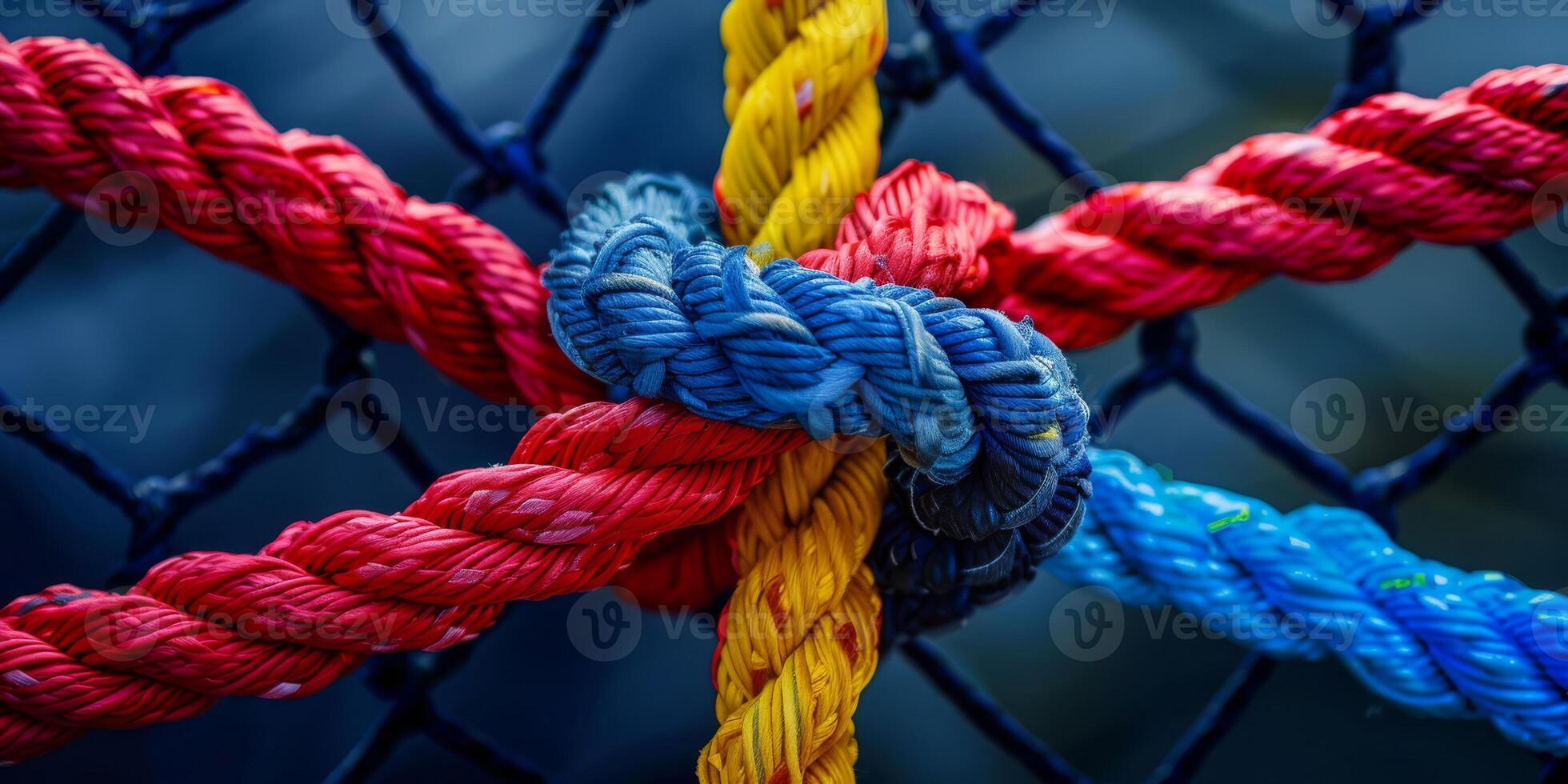 A bright rope knot stands out on a vibrant background, contrasting with a dark net photo