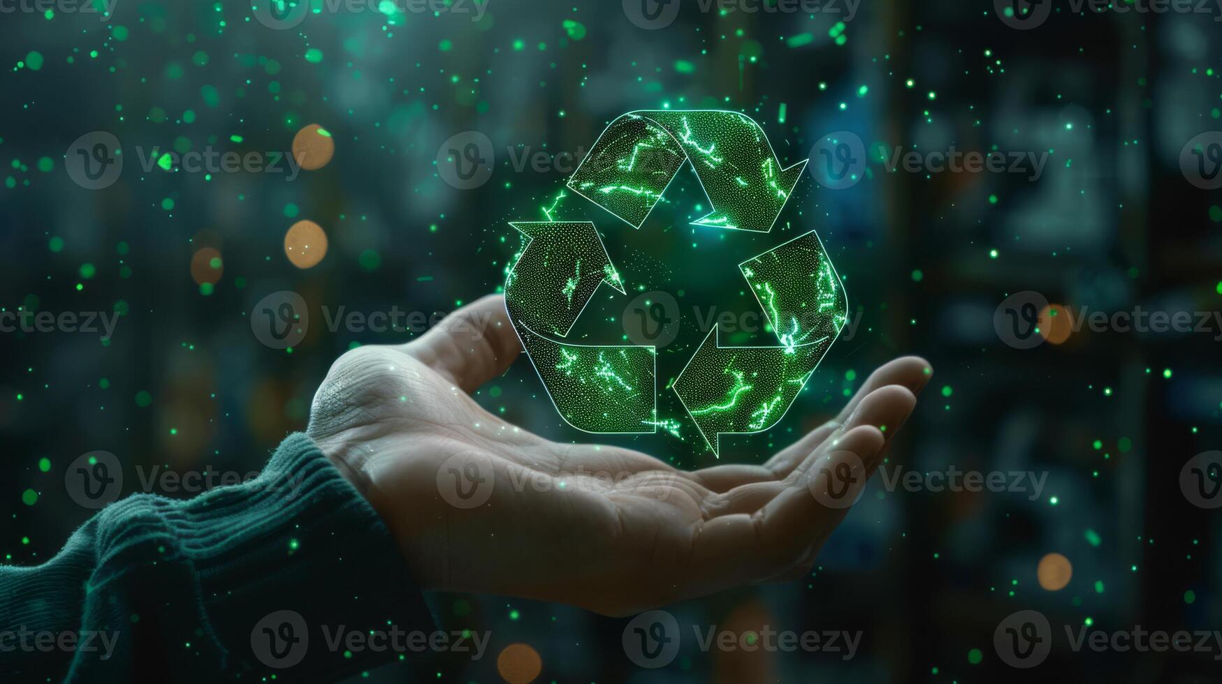 Hand with Green Recycle Symbol representing ecology, sustainability, and innovation photo