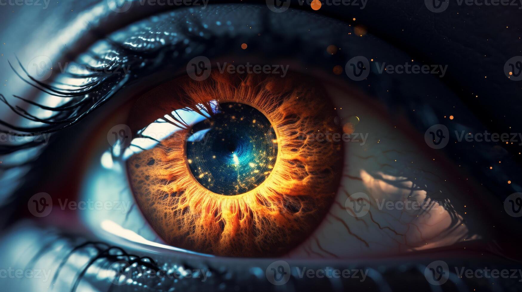 A macro photograph showing a futuristic eye with vivid colors and intricate details photo