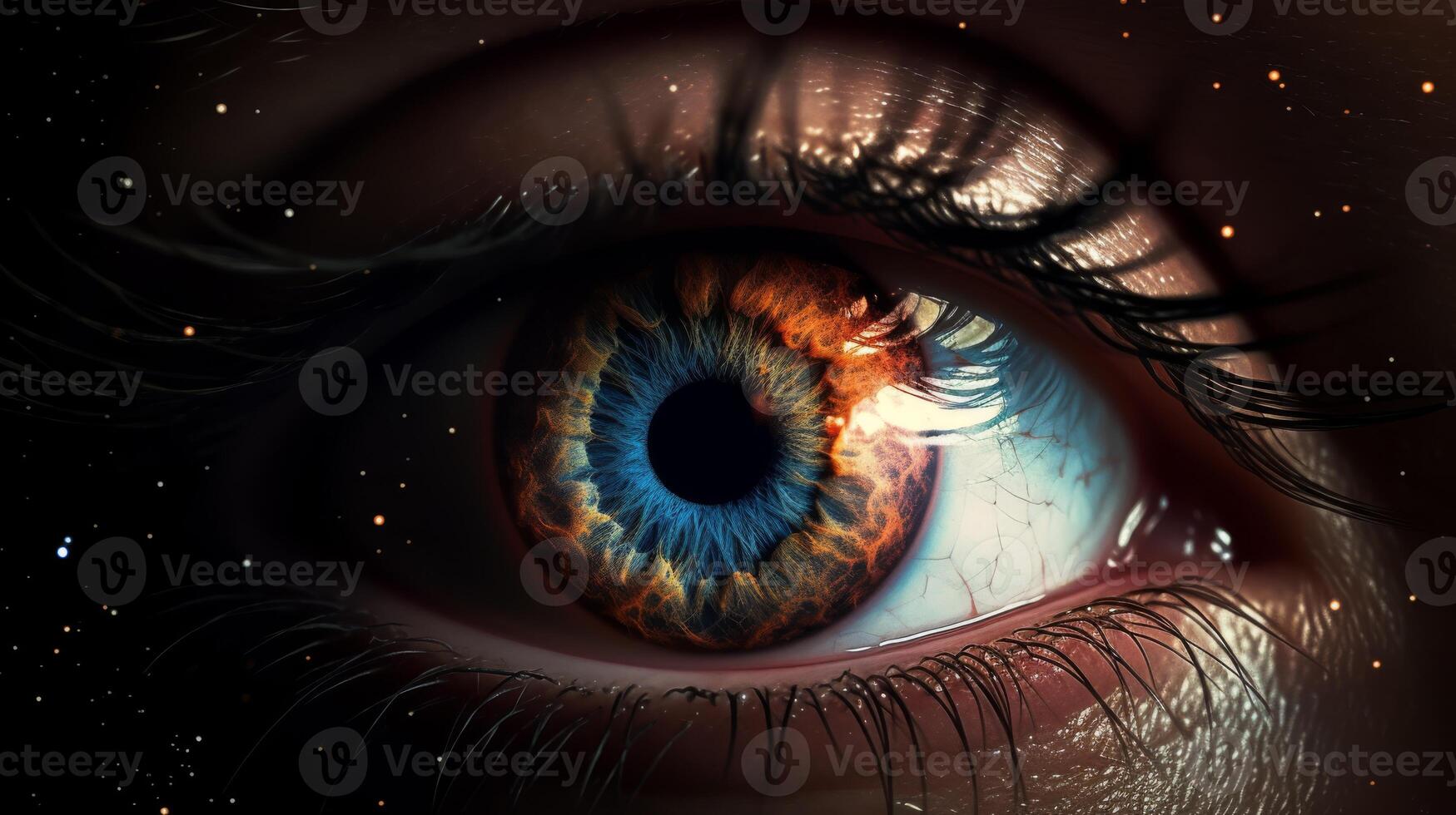 Detailed eye with cosmic elements in fiery colors, creating intense visual experience photo