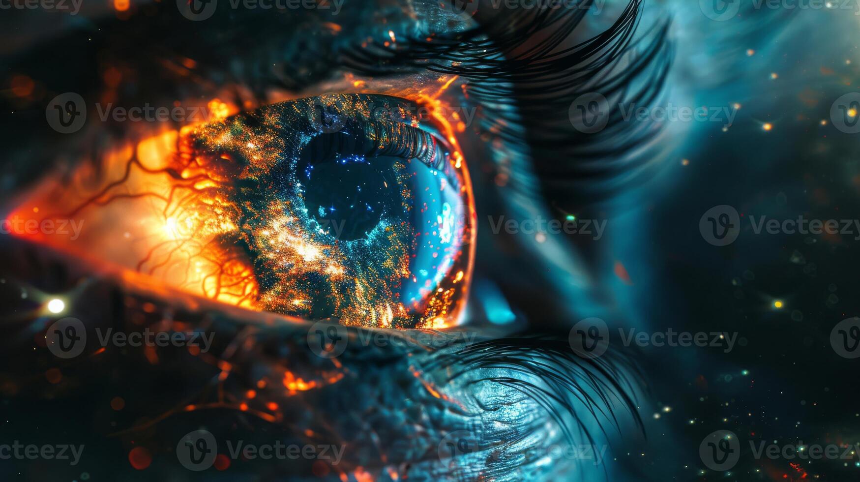 Fiery eye with cosmic reflections and vibrant details, a captivating surreal artistic expression photo