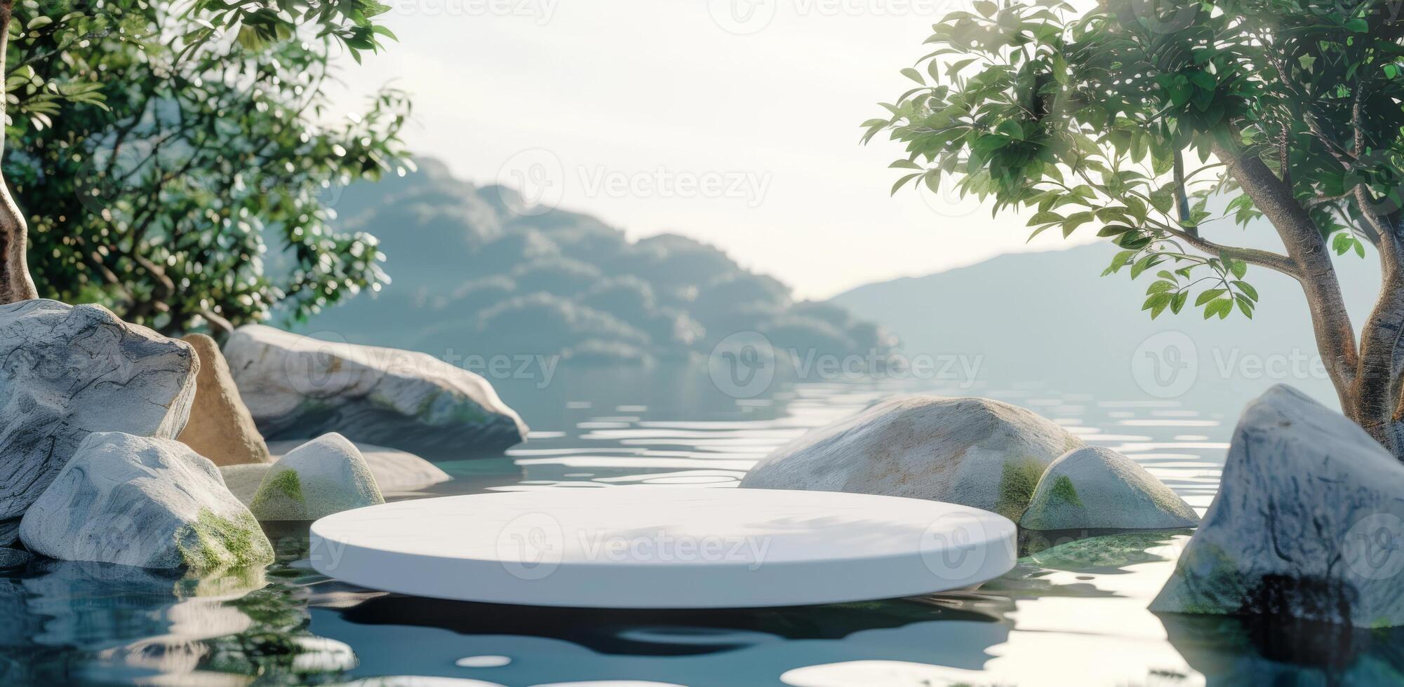 A serene nature platform by water with a tranquil forest offers a peaceful and calming setting photo