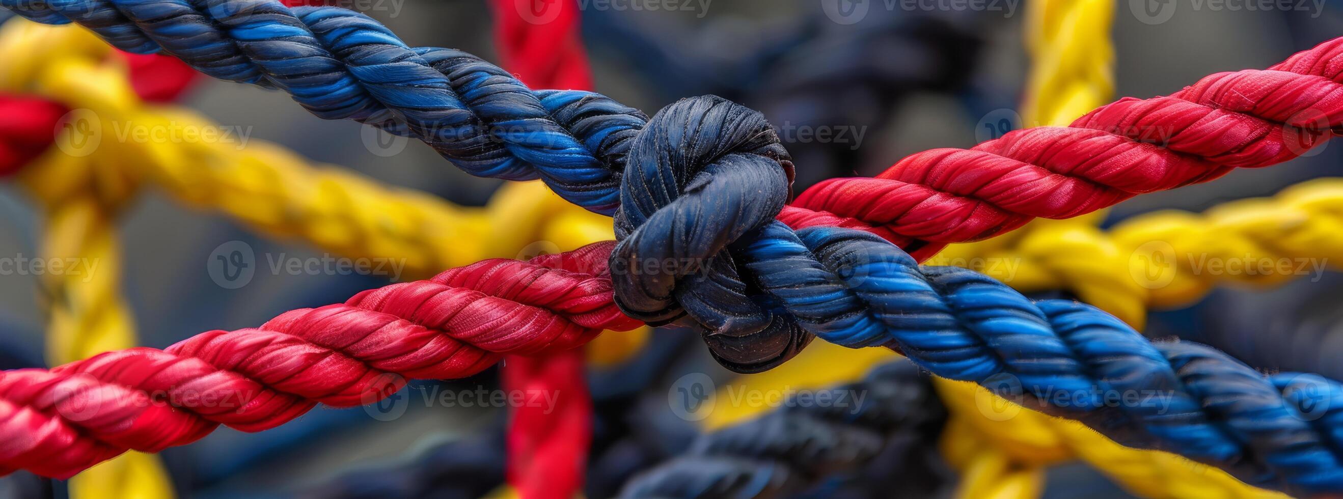 A lively, detailed image features colorful rope knots forming a geometric grid pattern photo