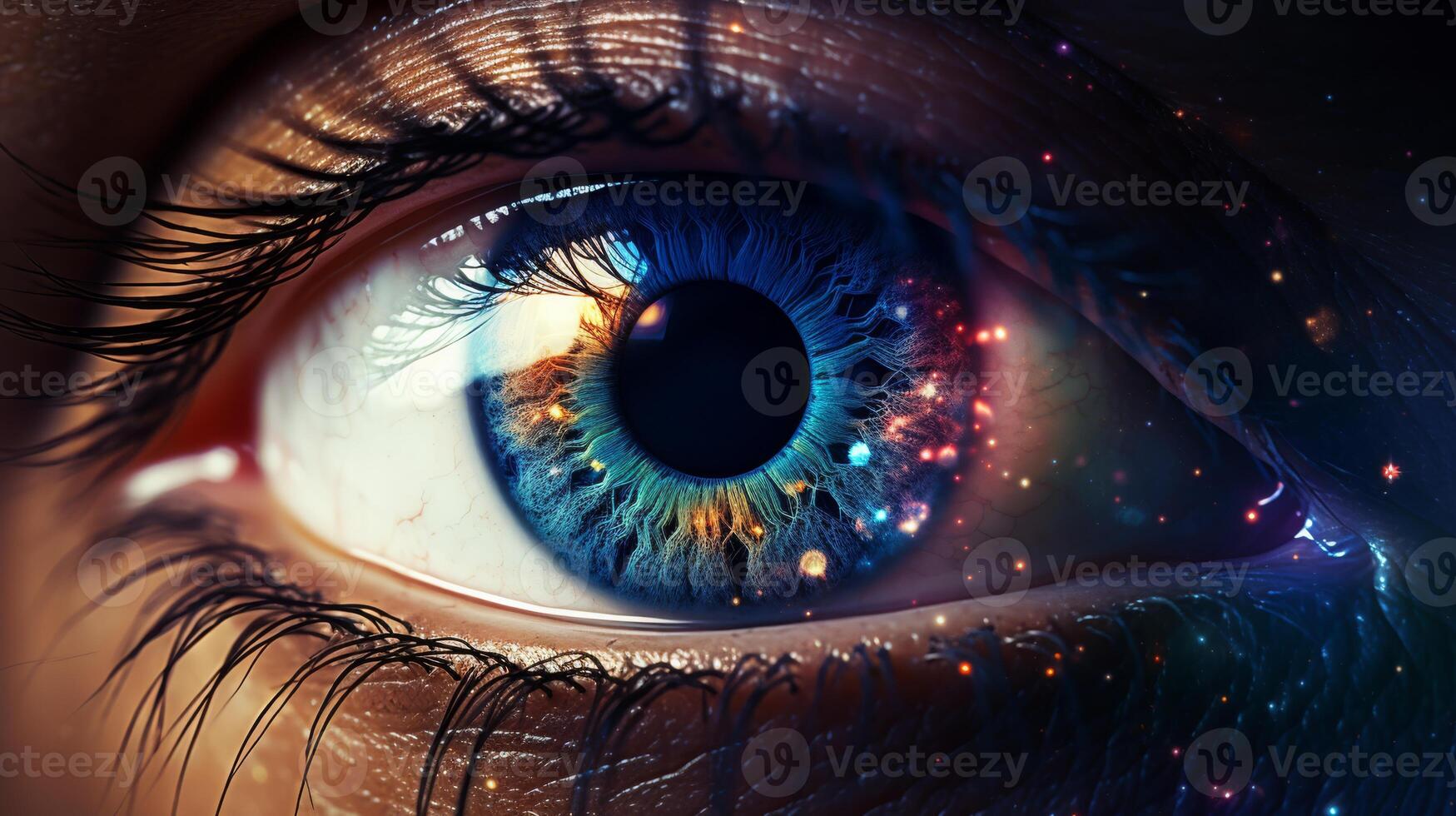 Detailed eye with cosmic elements in fiery colors, creating intense visual experience photo