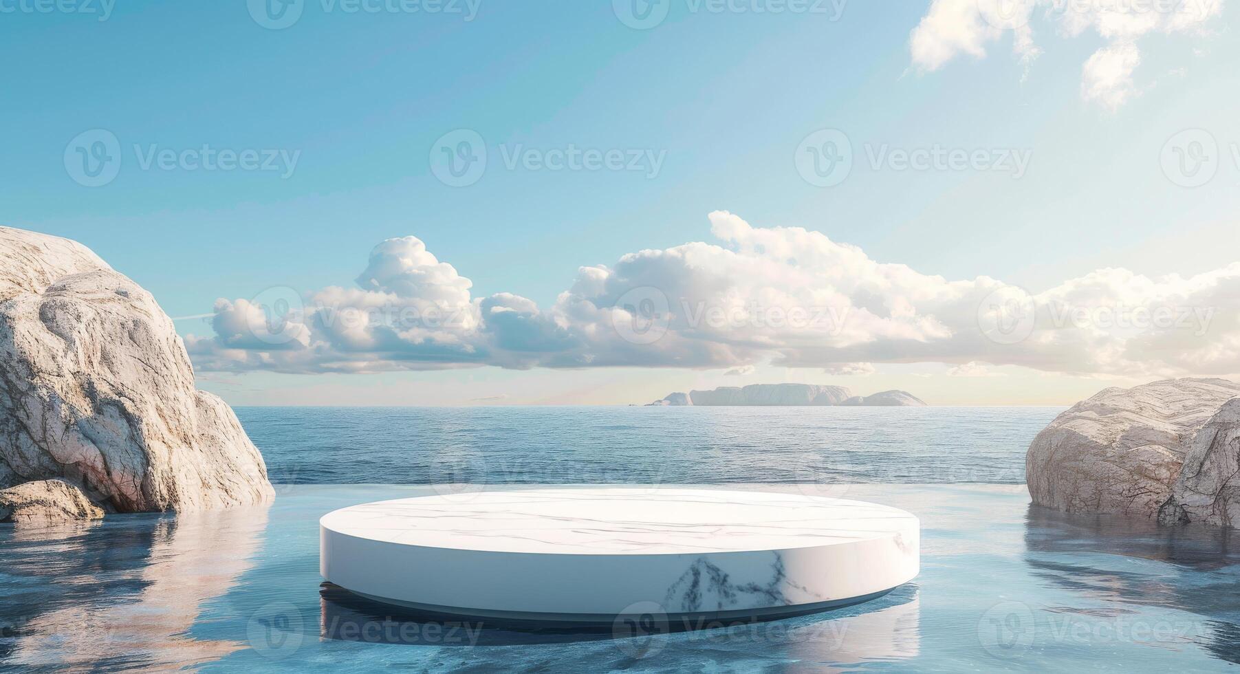 Minimalistic Blue Background with a White Marble Podium on Water surrounded by Rocks photo