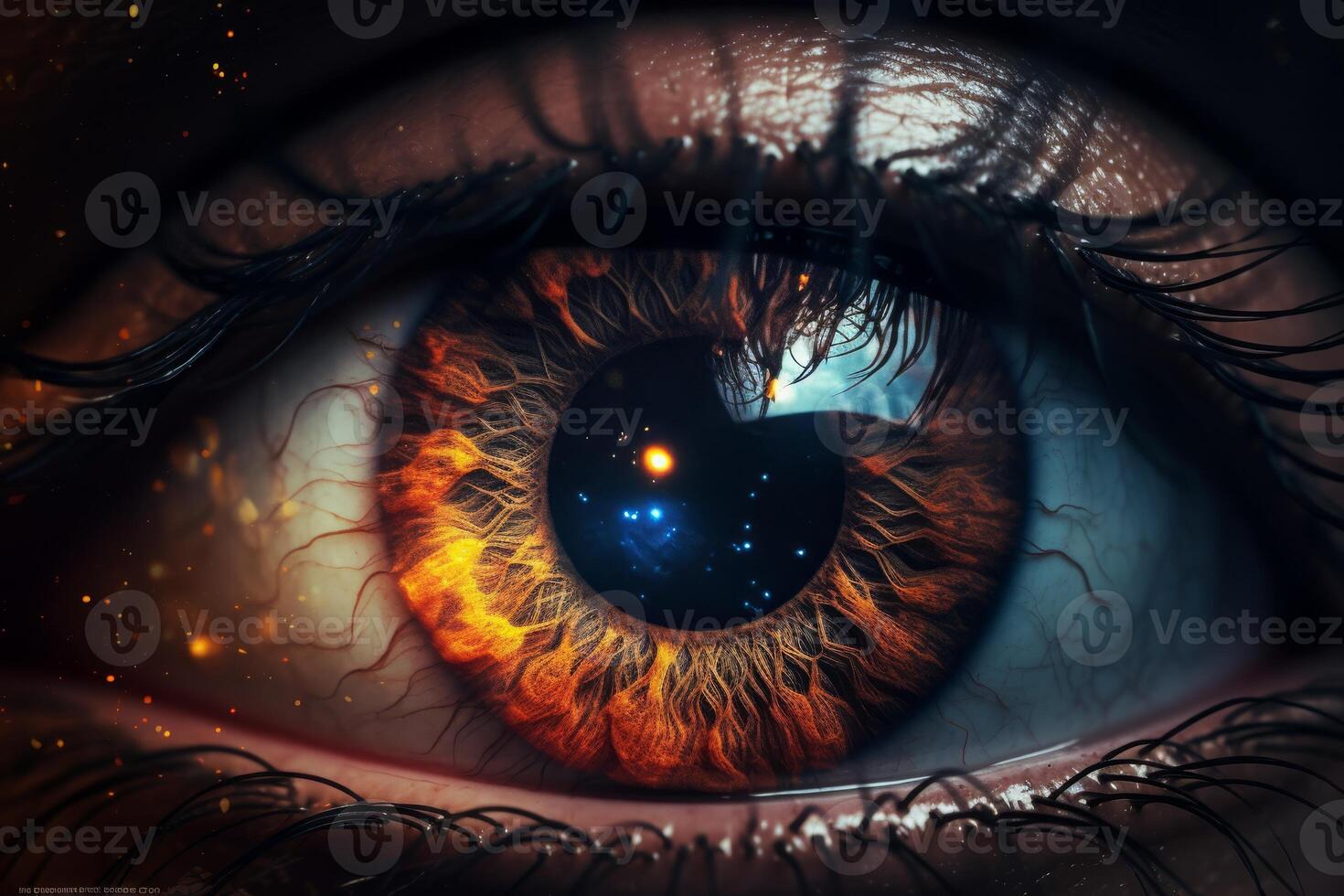 Detailed eye with cosmic elements in fiery colors, creating intense visual experience photo