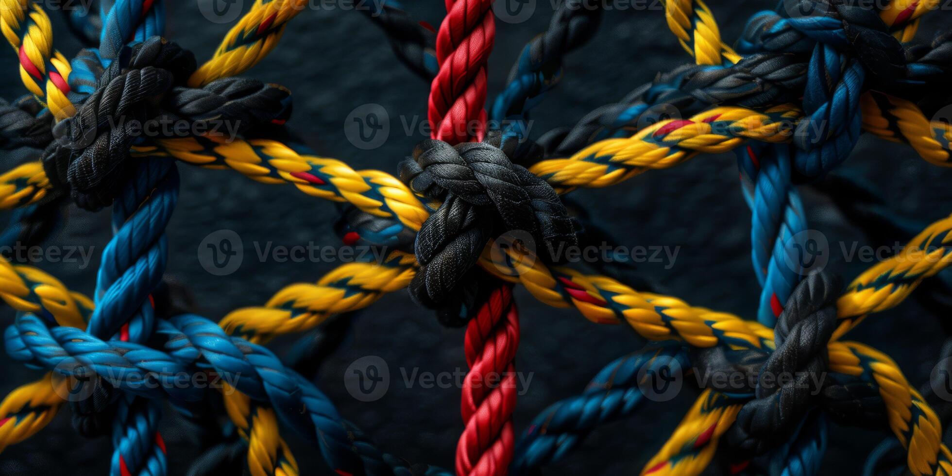 A closeup view showcasing vibrant, colorful ropes intricately woven into netting photo