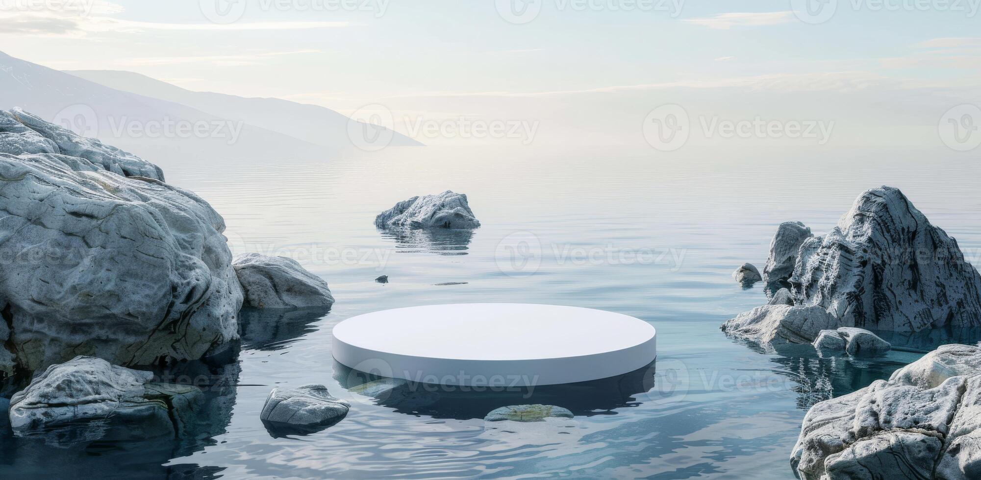 Minimalistic Blue Background with a White Marble Podium on Water surrounded by Rocks photo