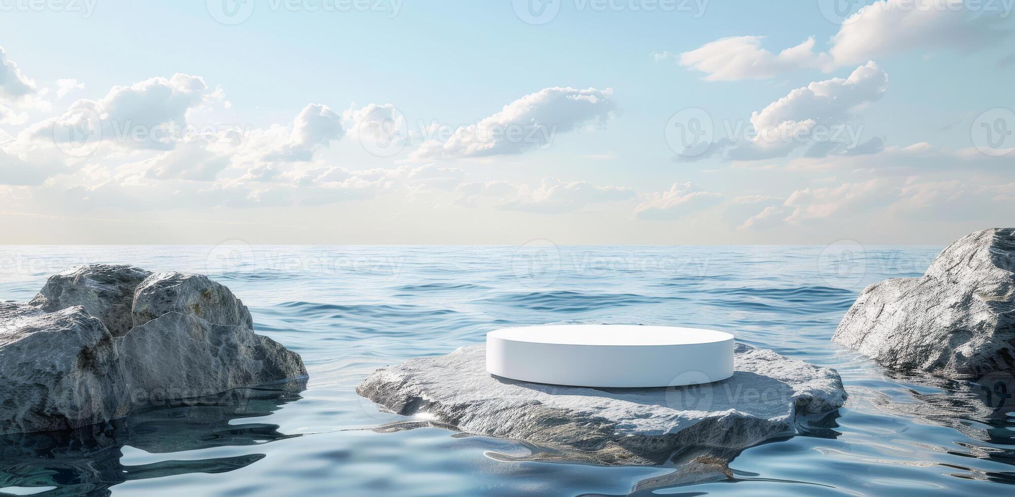 Minimalistic Blue Background with a White Marble Podium on Water surrounded by Rocks photo