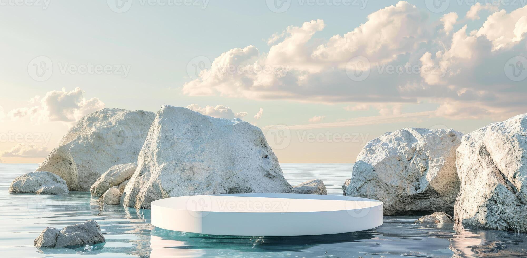 Minimalistic Blue Background with a White Marble Podium on Water surrounded by Rocks photo