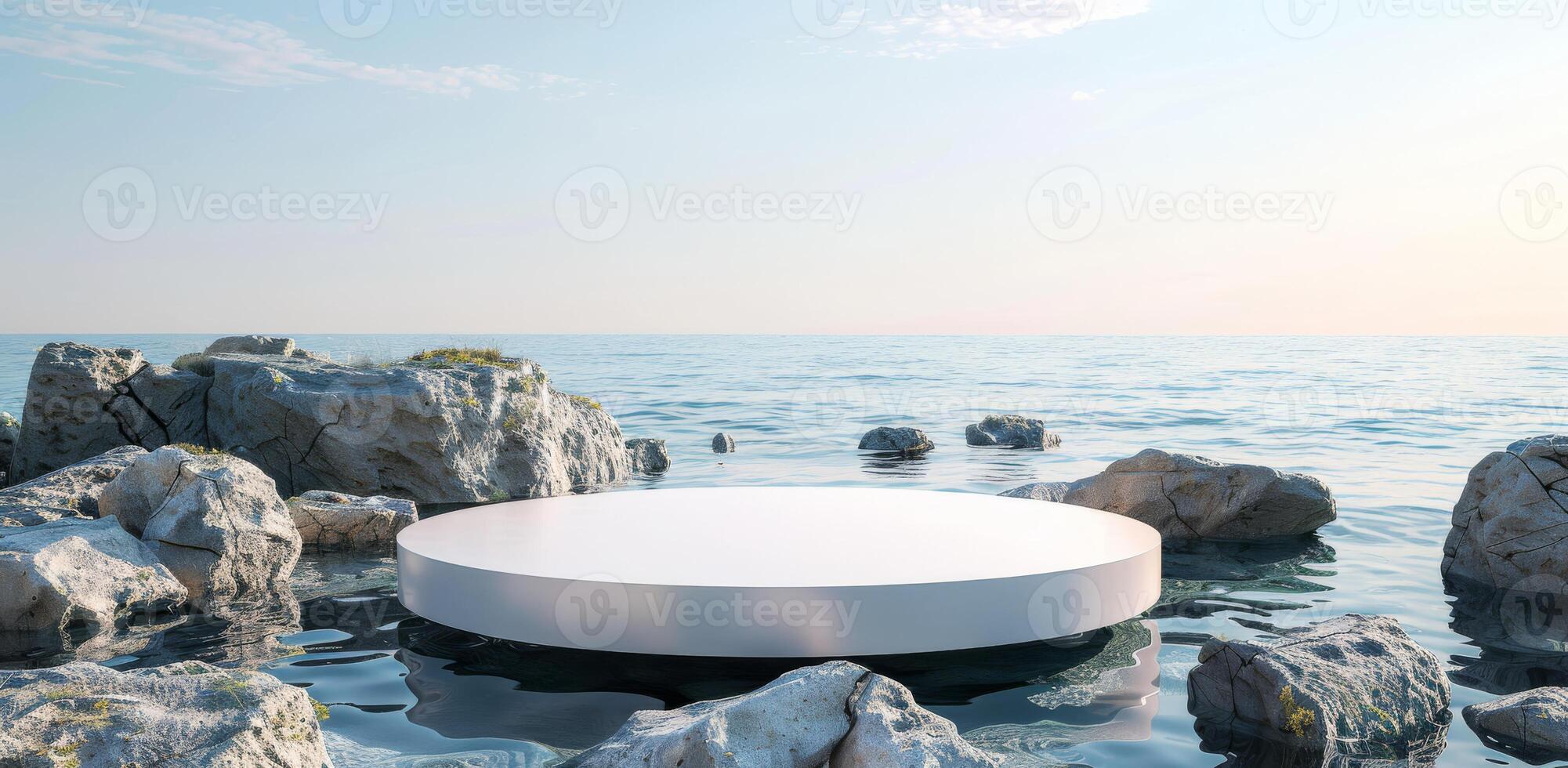 Minimalistic Blue Background with a White Marble Podium on Water surrounded by Rocks photo