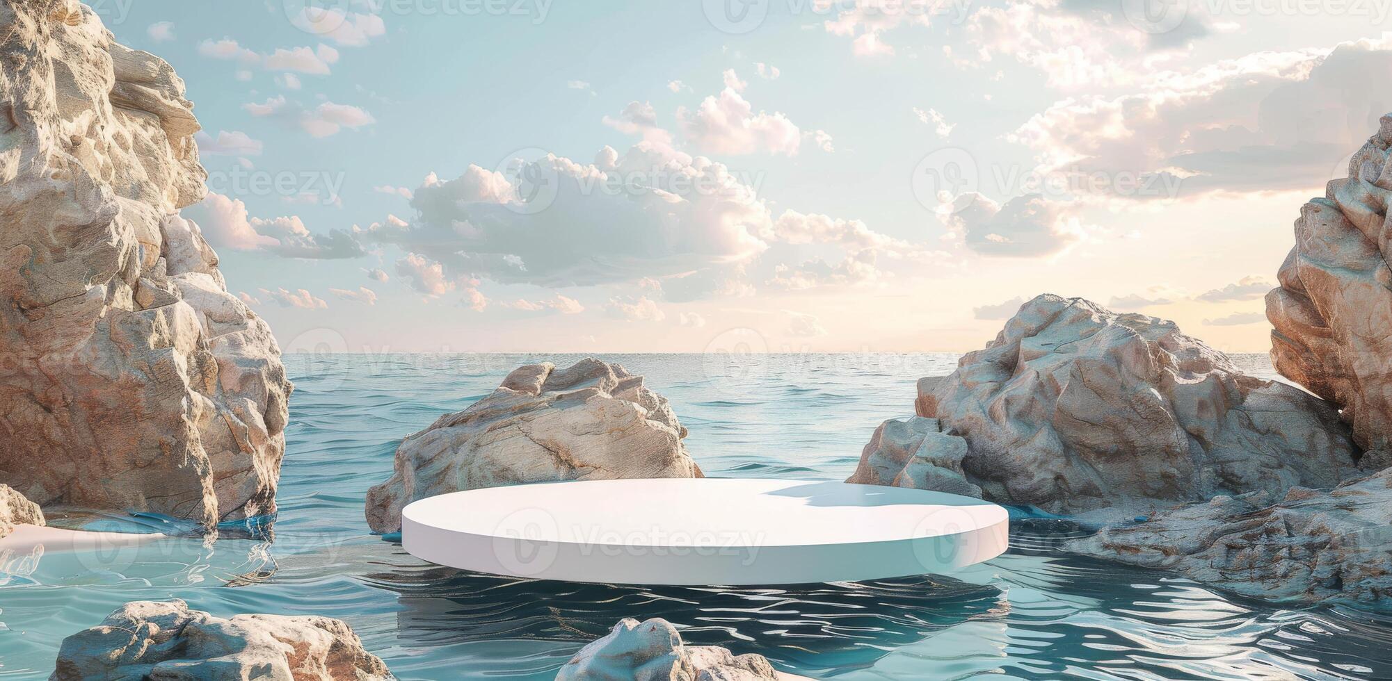 Minimalistic Blue Background with a White Marble Podium on Water surrounded by Rocks photo