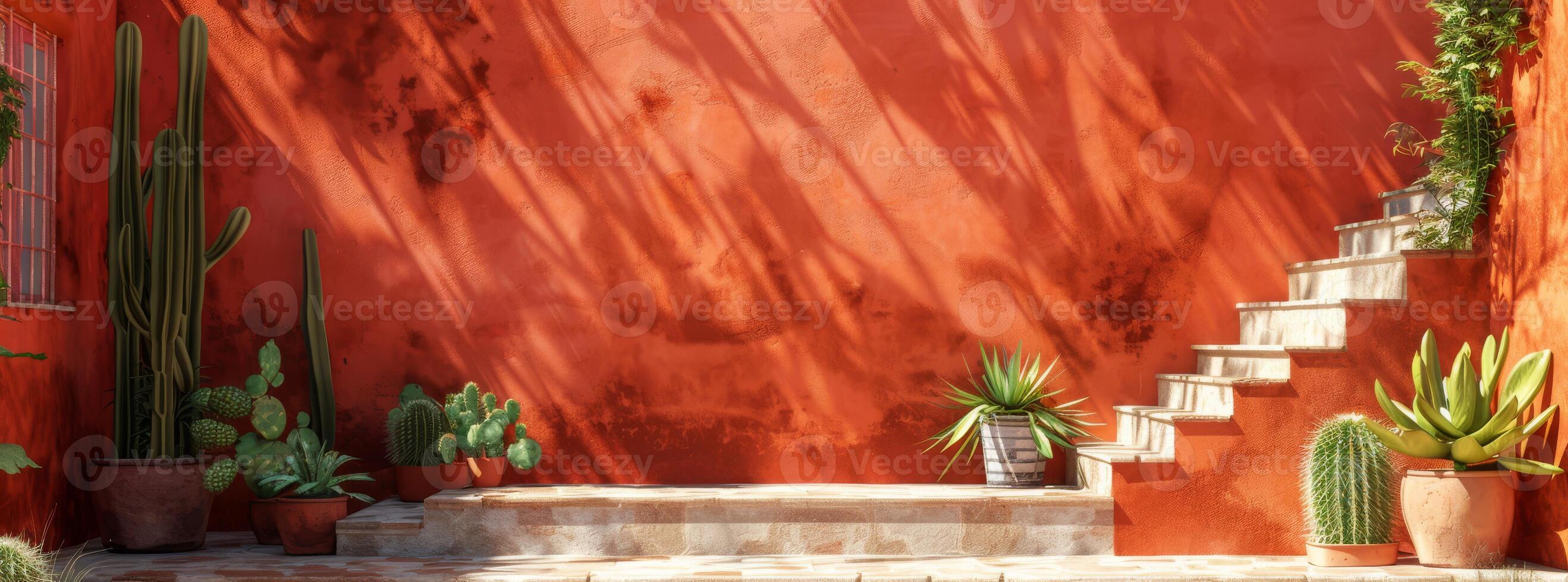 Terrace with desert aesthetic, cacti, warm sunset glow, tranquil and welcoming atmosphere photo
