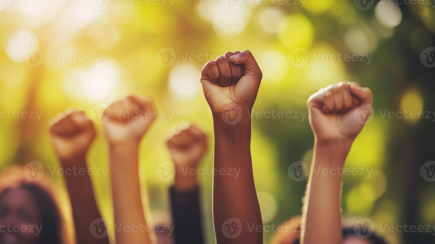 A diverse group of passionate individuals raises their fists in solidarity, symbolizing unity and strength during a peaceful protest in a vibrant, sunlit park full of energy and life photo