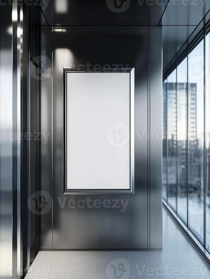 Explore an elegantly designed elevator interior featuring a vertical poster frame for promotional materials and a stunning glass wall view that enhances the overall aesthetic appeal photo