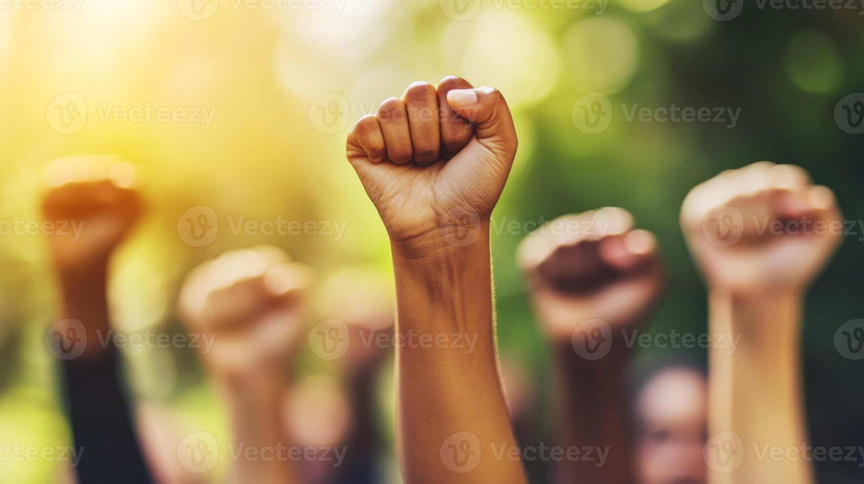 A lively group of passionate individuals raise their fists in solidarity at a peaceful protest in a beautiful park, symbolizing unity and strength amidst the tranquility of nature photo
