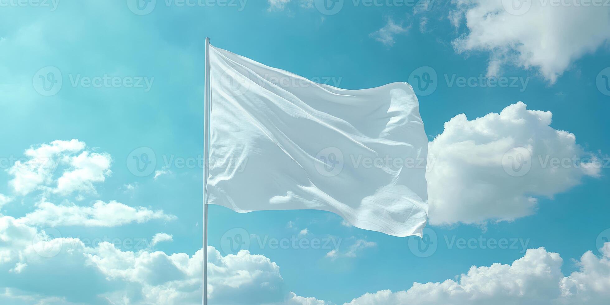 A white flag gently flutters on a tall flagpole against a backdrop of fluffy clouds and a bright blue sky, powerfully symbolizing peace, hope, or surrender in a tranquil setting of nature photo