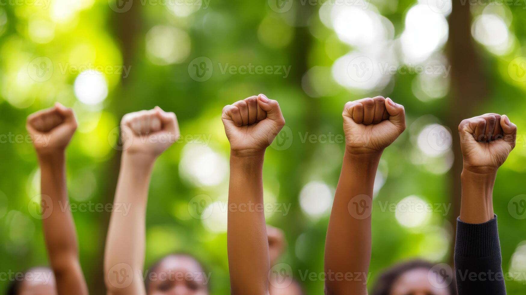 A diverse collection of individuals stands together, raising their fists high in solidarity during a peaceful protest held in a vibrant park, symbolizing unity, empowerment, and collective strength photo
