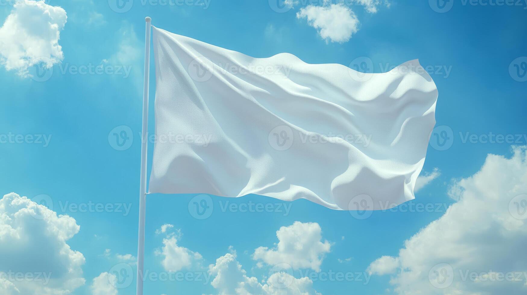 A pristine white flag elegantly flutters on a tall flagpole, beautifully set against an expansive bright blue sky that is adorned with fluffy white clouds, symbolizing peace and profound tranquility photo