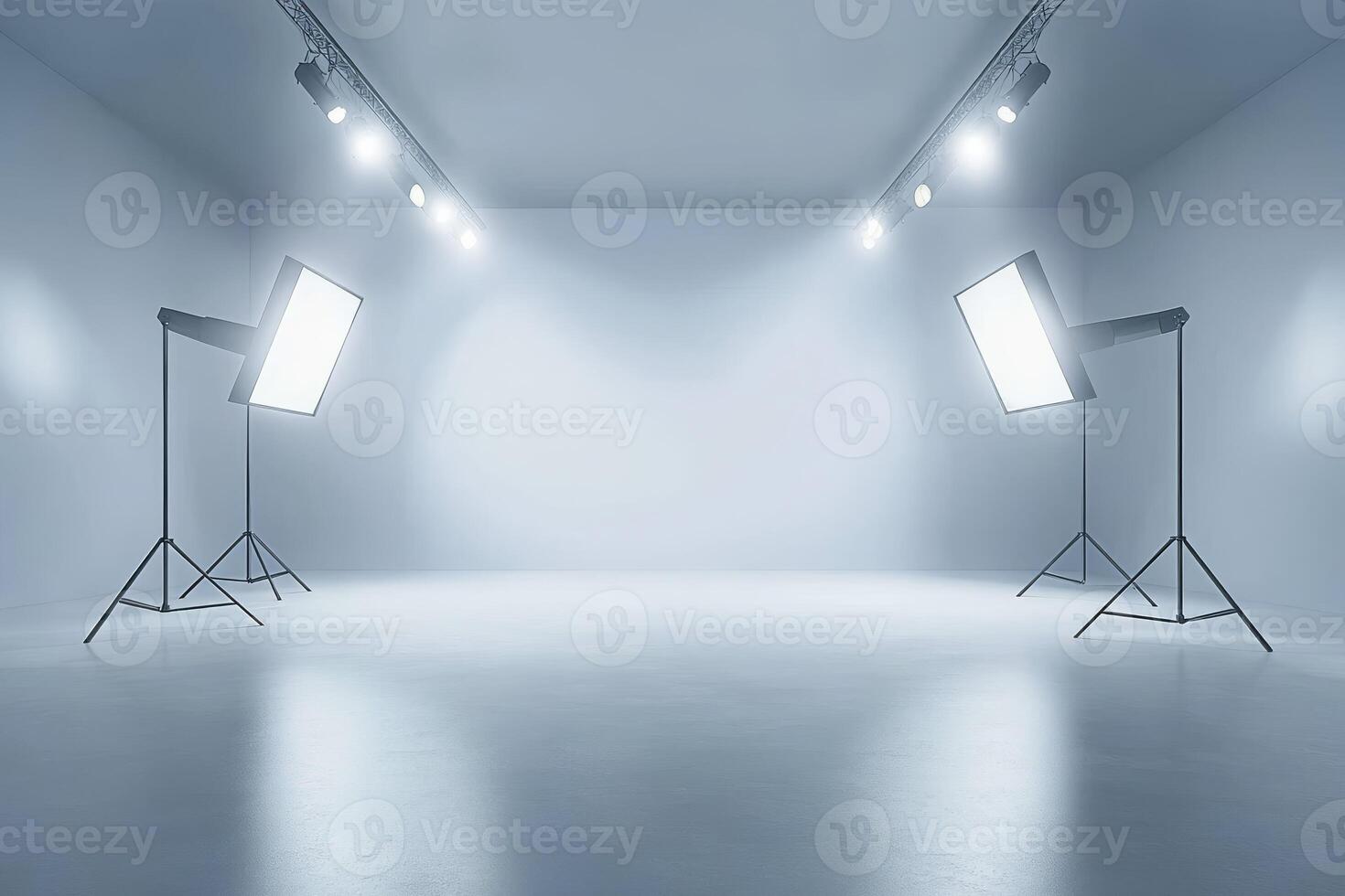 An empty, welllit photo studio that is fully equipped with modern lighting equipment, making it an ideal space for professional photography and innovative creative projects of all kinds