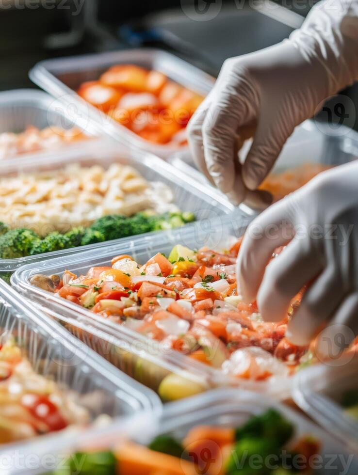 A detailed closeup shot of a gloved hand meticulously preparing a variety of healthy meals, highlighting the importance of maintaining hygiene in food handling practices for achieving balanced diets photo
