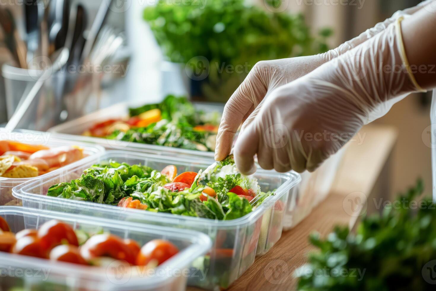A closeup of hand wearing a disposable glove, carefully placing fresh salad ingredients into containers, emphasizing hygiene in food handling photo
