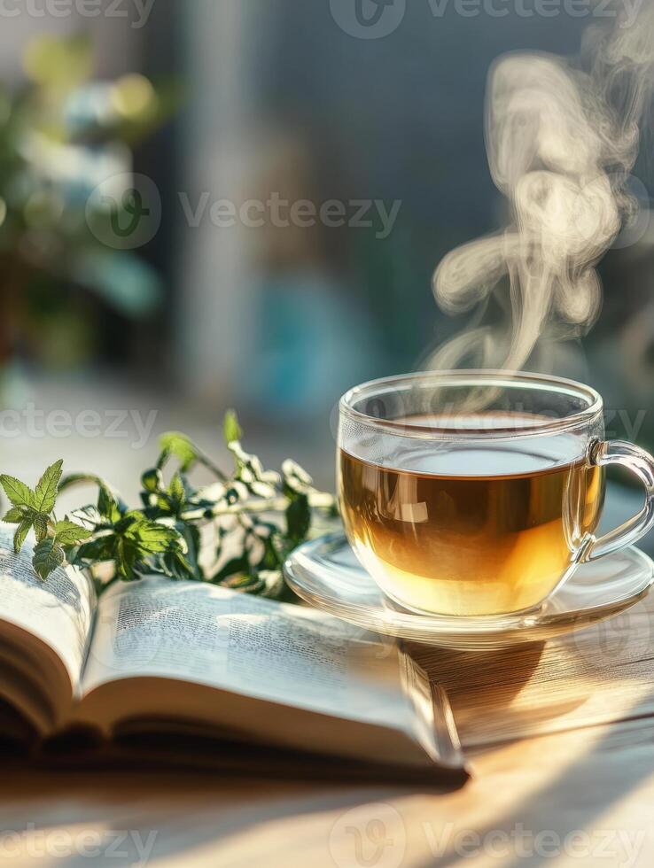 A warm cup of herbal tea releases gentle steam next to a wellloved open book on a sunlit table, creating an incredibly soothing atmosphere thats perfect for deep relaxation and pure enjoyment photo