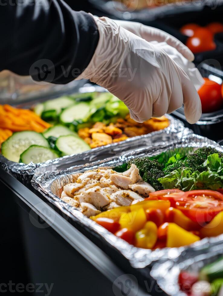 The image shows gloved hands preparing nutritious meals, highlighting the importance of hygiene in food handling for a balanced diet rich in essential nutrients and flavors for overall health photo