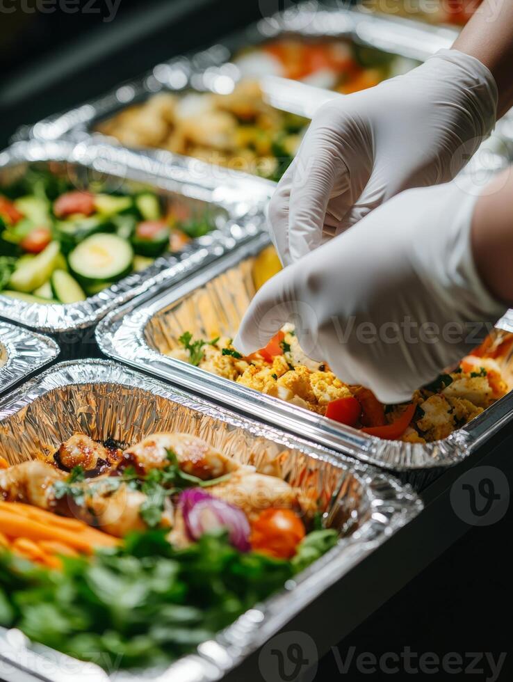 This image effectively showcases proper food handling practices by utilizing disposable gloves, which are crucial for ensuring hygiene and health safety during meal preparation and cooking processes photo