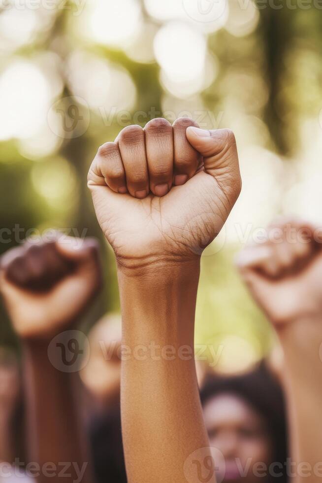 The image captures a united crowd of diverse individuals raising their fists in solidarity during a peaceful protest against the various injustices and inequalities that plague todays society photo