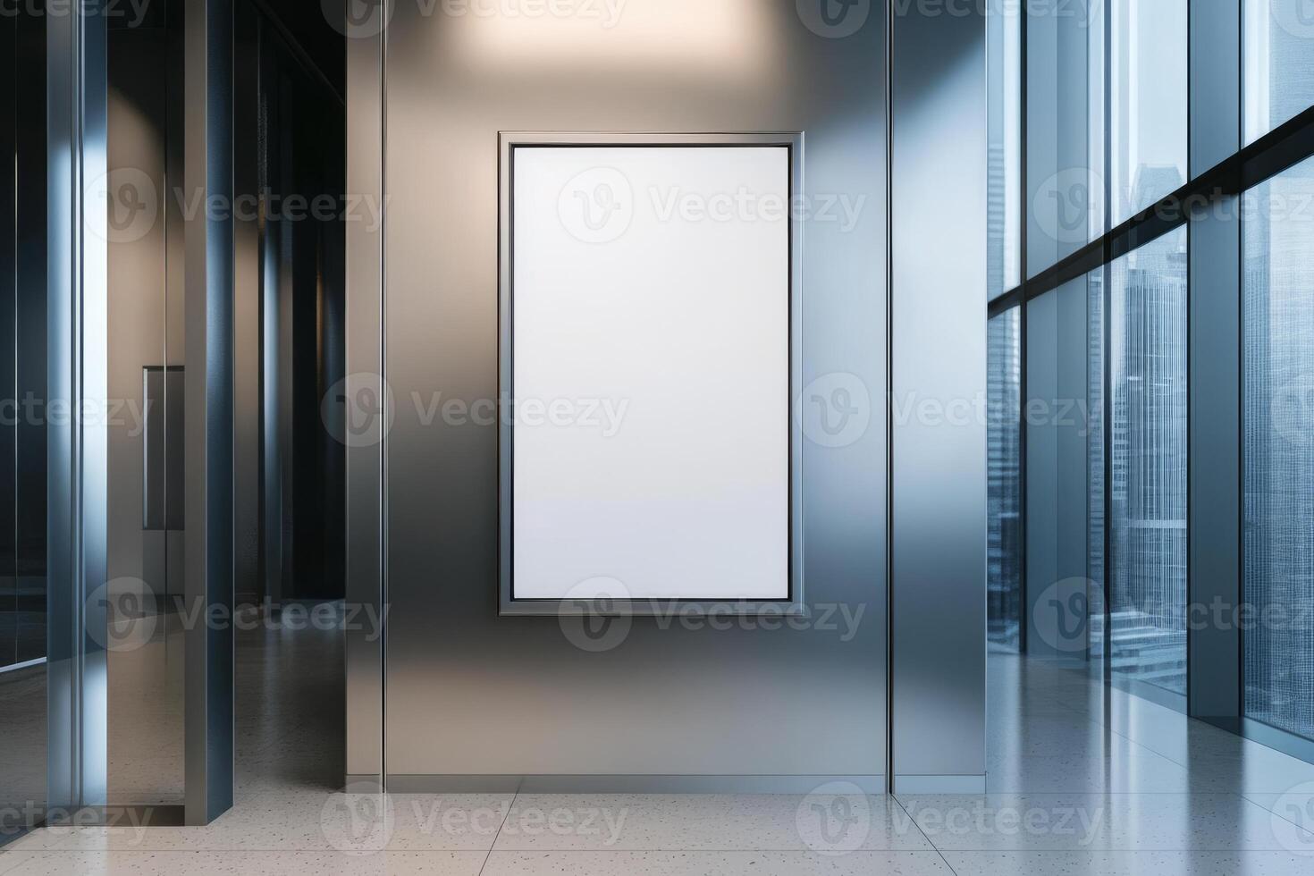 A sleek and stylish mockup of a vertical poster frame is situated artfully in a contemporary elevator with elegant glass walls, making it the ideal spot for showcasing media displays effectively photo