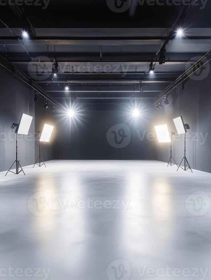 This spacious and empty photo studio boasts modern lighting setups, making it an ideal choice for a wide range of photography and videography projects, ensuring excellent visual outcomes
