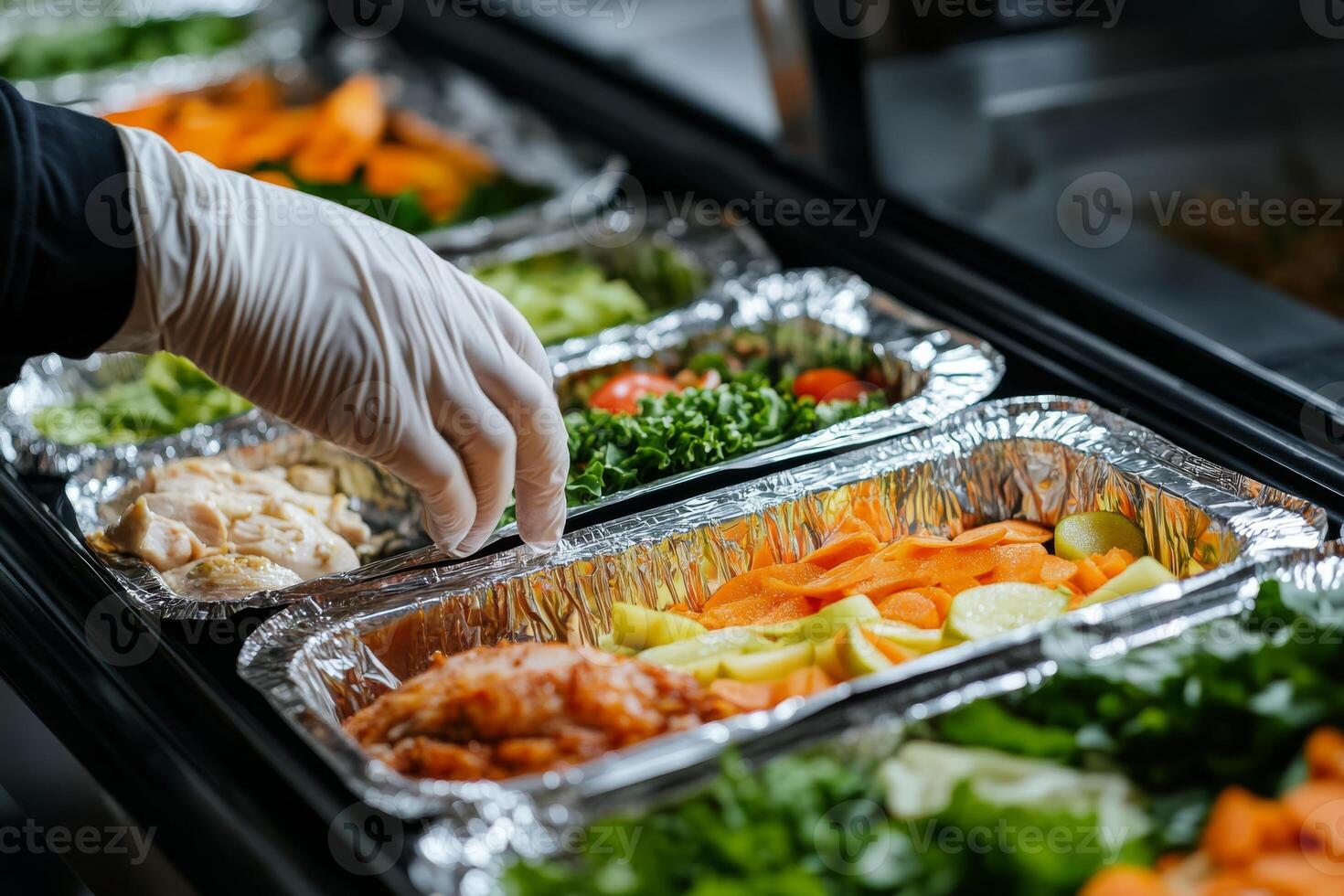 A hand inside a glove is meticulously selecting only the freshest ingredients from neatly organized trays, highlighting the importance of food hygiene and the principles of balanced nutrition photo