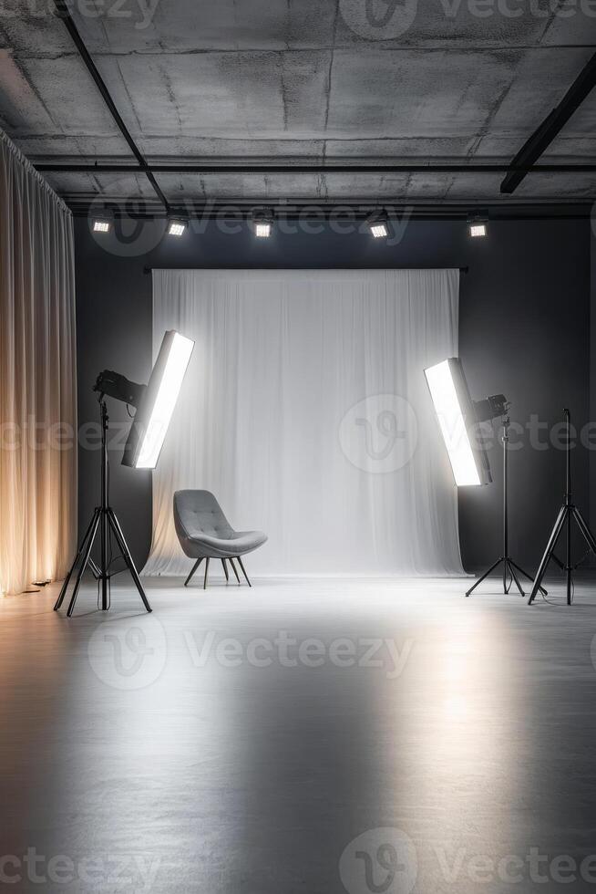 This spacious and modern photo studio features elegant lighting setups along with minimalistic decor, which makes it perfect and ideal for conducting professional photography sessions of any kind