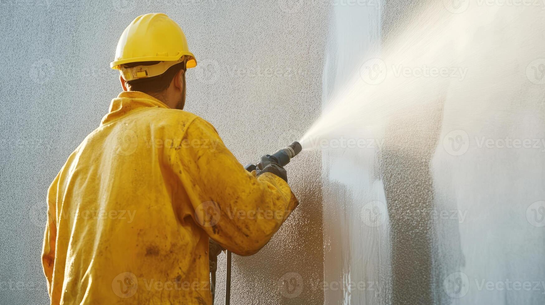 A dedicated construction worker is utilizing a highpressure water jet to thoroughly clean the facade of a modern building, effectively demonstrating advanced techniques in exterior maintenance photo