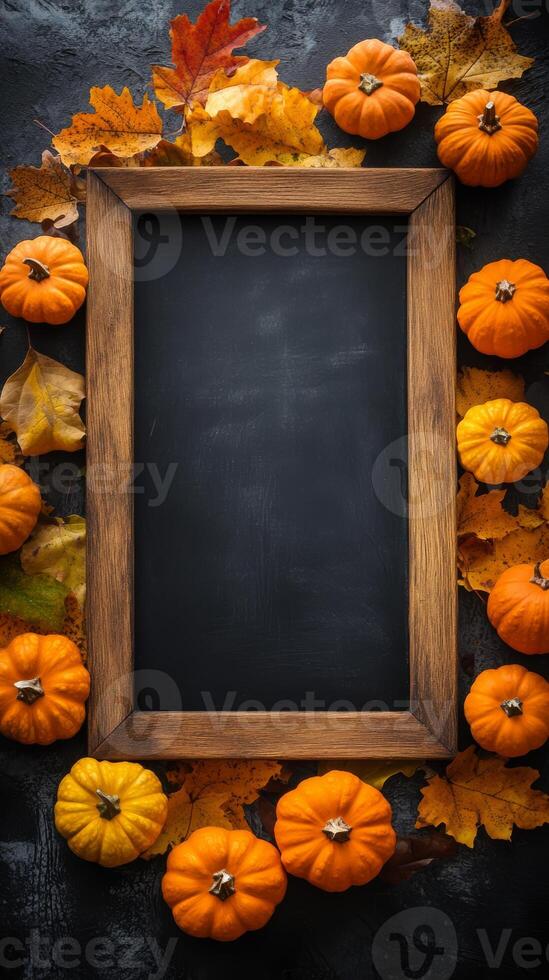 A charming rustic blackboard beautifully framed by vibrant pumpkins and colorful autumn leaves, making it an ideal choice for elegant fallthemed decorations, invitations, and announcements photo