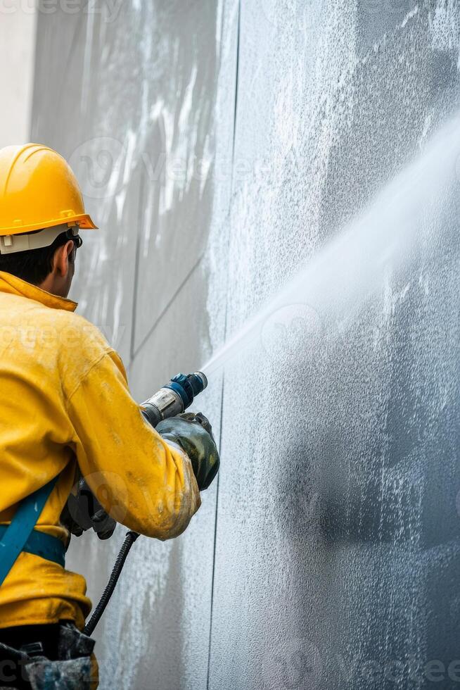 A construction worker is thoroughly cleaning a buildings facade with a highpressure water jet, highlighting the importance of proper safety gear and effective cleaning techniques for best results photo