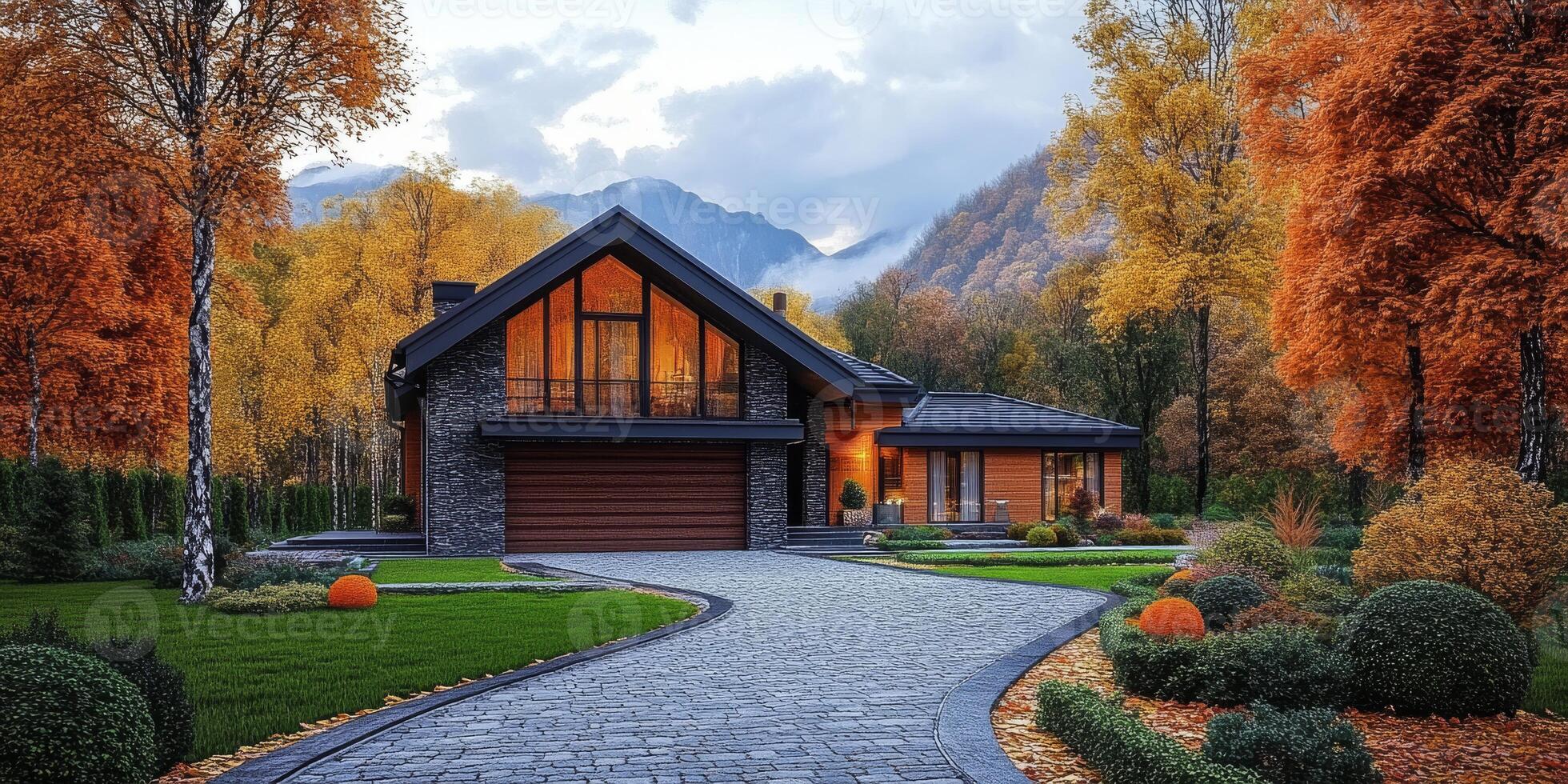 A truly stunning residential house featuring a beautifully landscaped yard and a wellmaintained driveway, all set against a picturesque backdrop of vibrant autumn foliage and majestic mountains photo