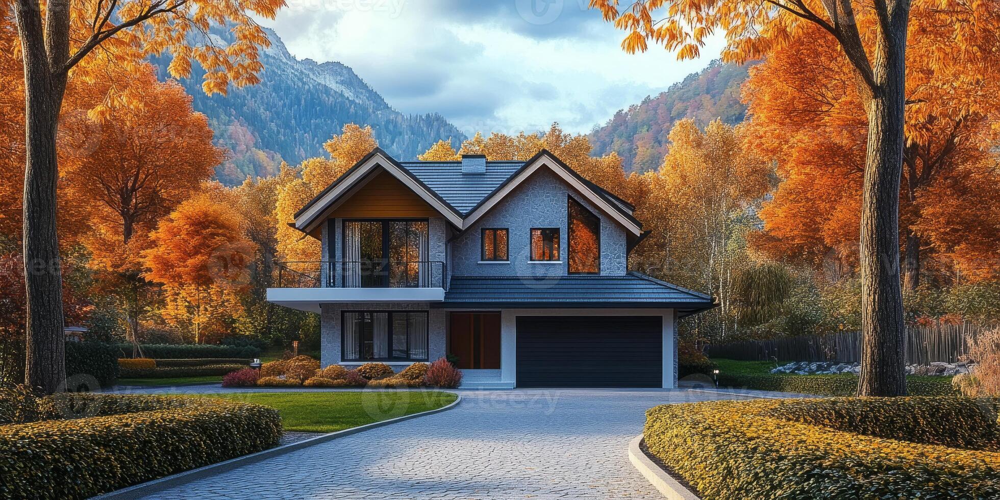 A beautiful house is surrounded by autumn foliage, featuring a charming front yard and a wellkept driveway, all embraced by majestic trees and stunning mountains that enhance the scenery photo