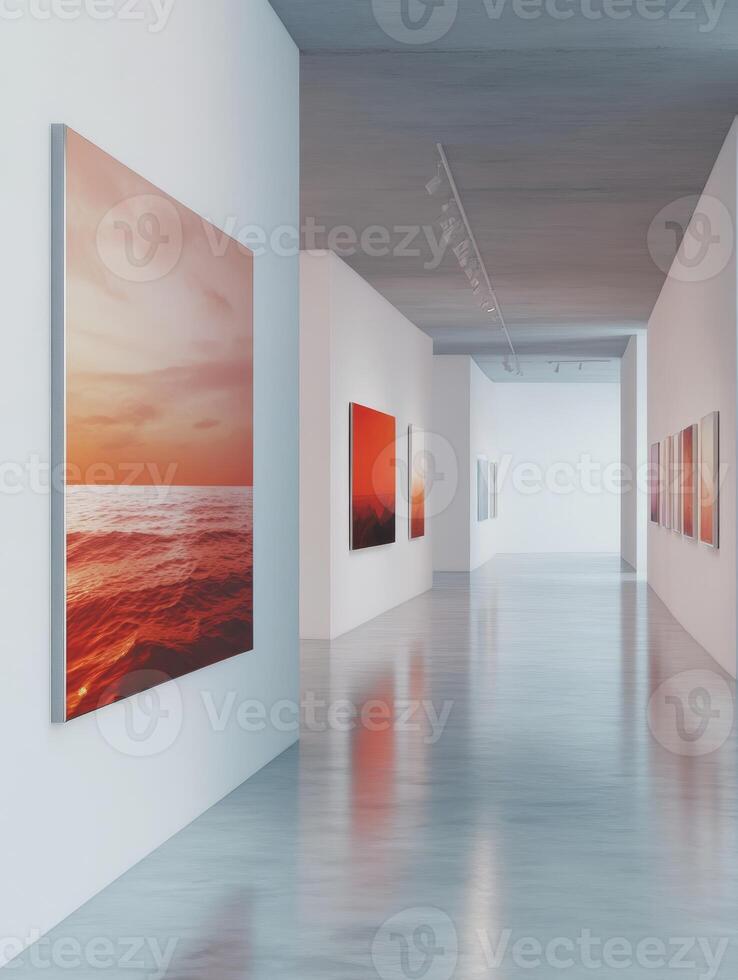 An elegant gallery showcases a diverse collection of vibrant artworks on immaculate white walls, featuring colorful abstract pieces that capture the essence of creativity and cultural influences photo