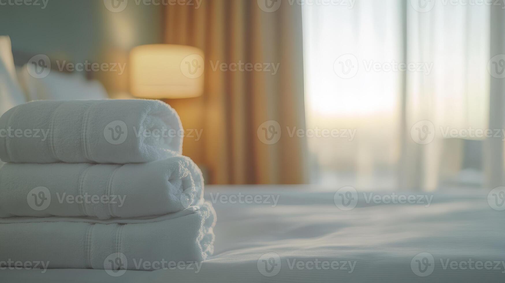 White bath towels are neatly stacked on an elegantly made bed in a luxurious hotel room, offering warmth and comfort for guests seeking relaxation during their travels and vacations photo