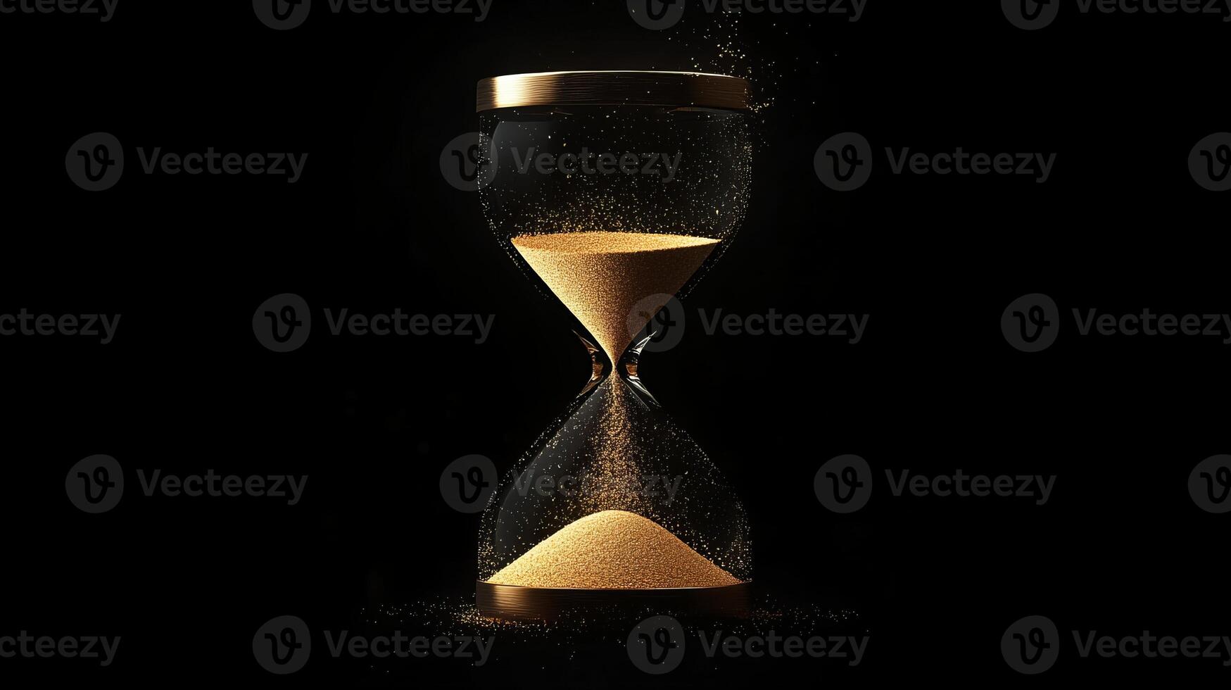 An exquisitely crafted hourglass filled with shimmering golden sand flows steadily, symbolizing the relentless passage of time against a striking black background that enhances its allure photo