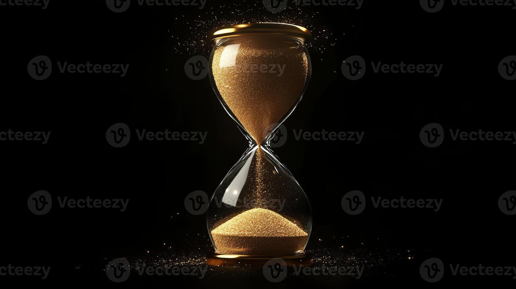 An elegant hourglass with golden sand on a black background symbolizes the relentless passage of time, prompting reflection on existence, life, death, and our inevitable mortality photo