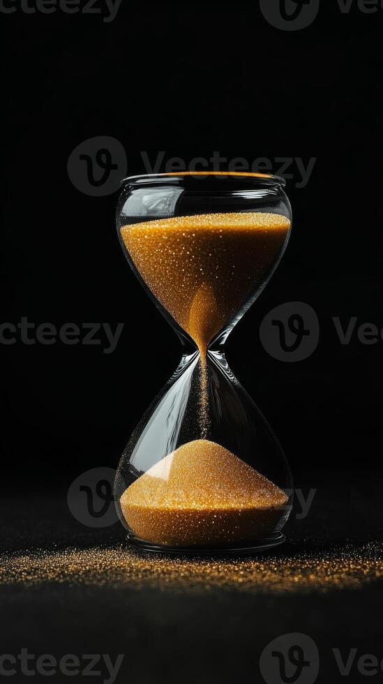 An exquisite hourglass filled with golden sand stands against a black background, symbolizing the passage of time and lifes fleeting moments, inviting reflection and contemplation photo